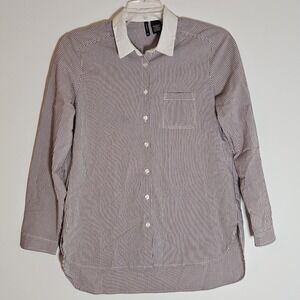 New Directions Shirt Womens Large White Burgundy Striped Button Down Long Sleeve